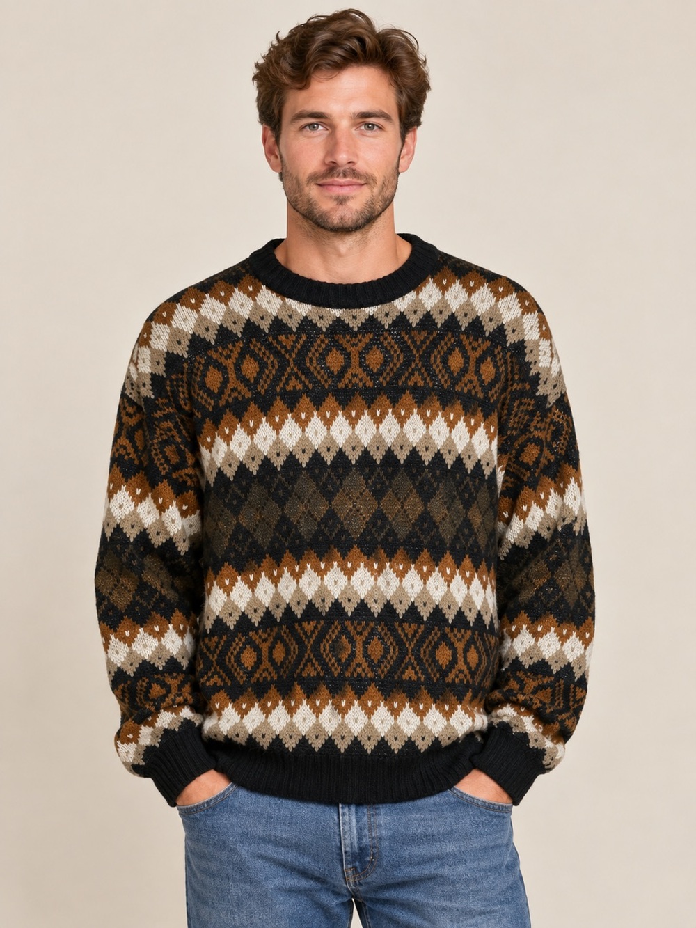 Vintage Black Cream Jonathan Bryan Fair Isle Pattern Crewneck Sweater Size Large